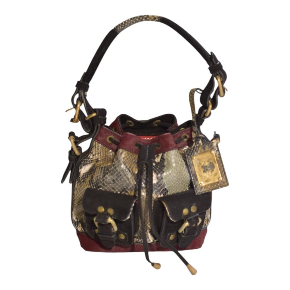 Roberto Cavalli Python Leather Bucket Bag Multicolor Snakeskin Drawstring Should
